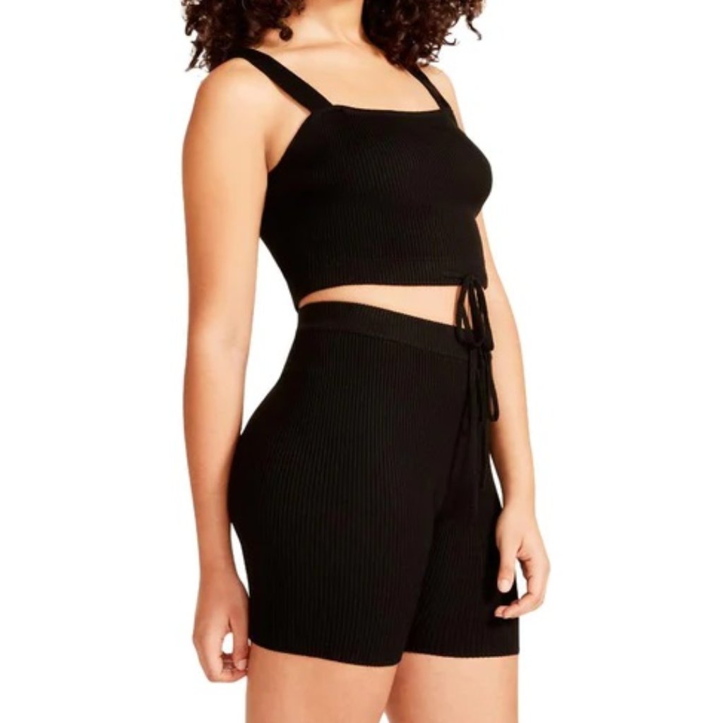 Madden Girl Women's Black Two Piece Ribbed Knit Tank Top Biker Short Set - Nwt